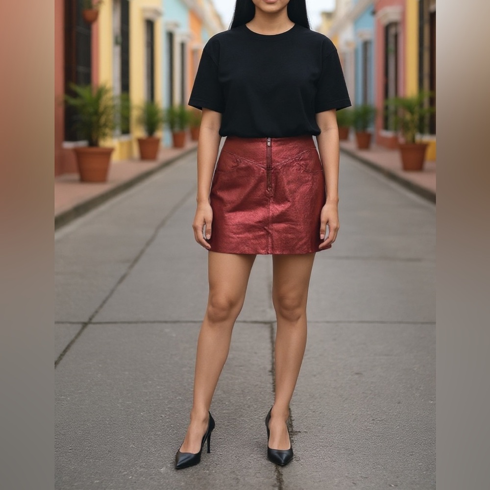 SANDRO Paris Leather Mini Skirt in Metallic Burgundy, size 2